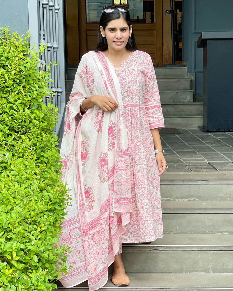 PINK HANDBLOCK SUIT SET WITH VOIL DUPATTA