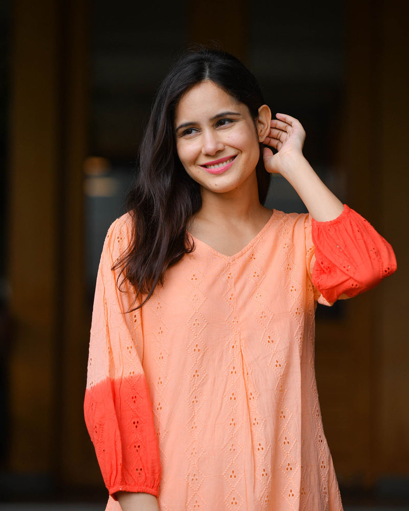 ORANGE TIE & DYE SCHIFFLI DRESS