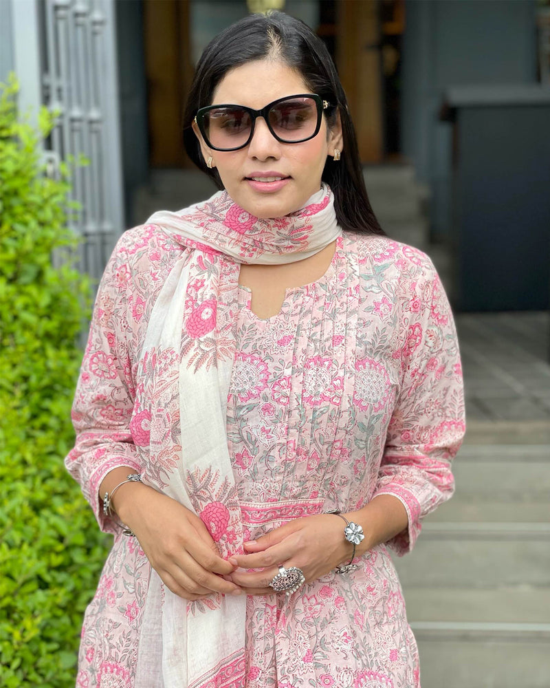PINK HANDBLOCK SUIT SET WITH VOIL DUPATTA