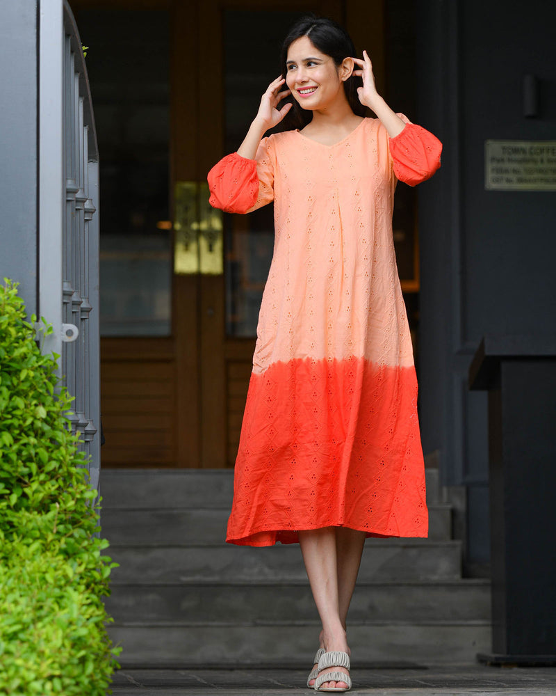 ORANGE TIE & DYE SCHIFFLI DRESS