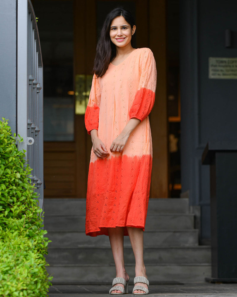 ORANGE TIE & DYE SCHIFFLI DRESS