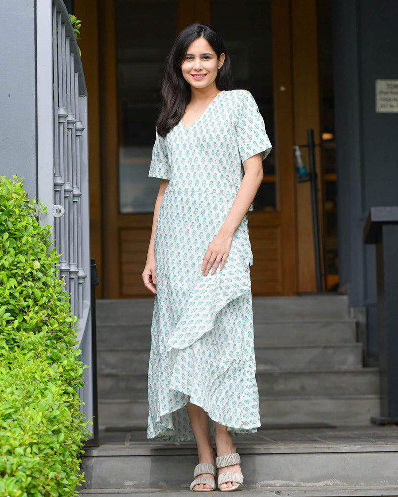 GREEN & WHITE WRAP-AROUND DRESS