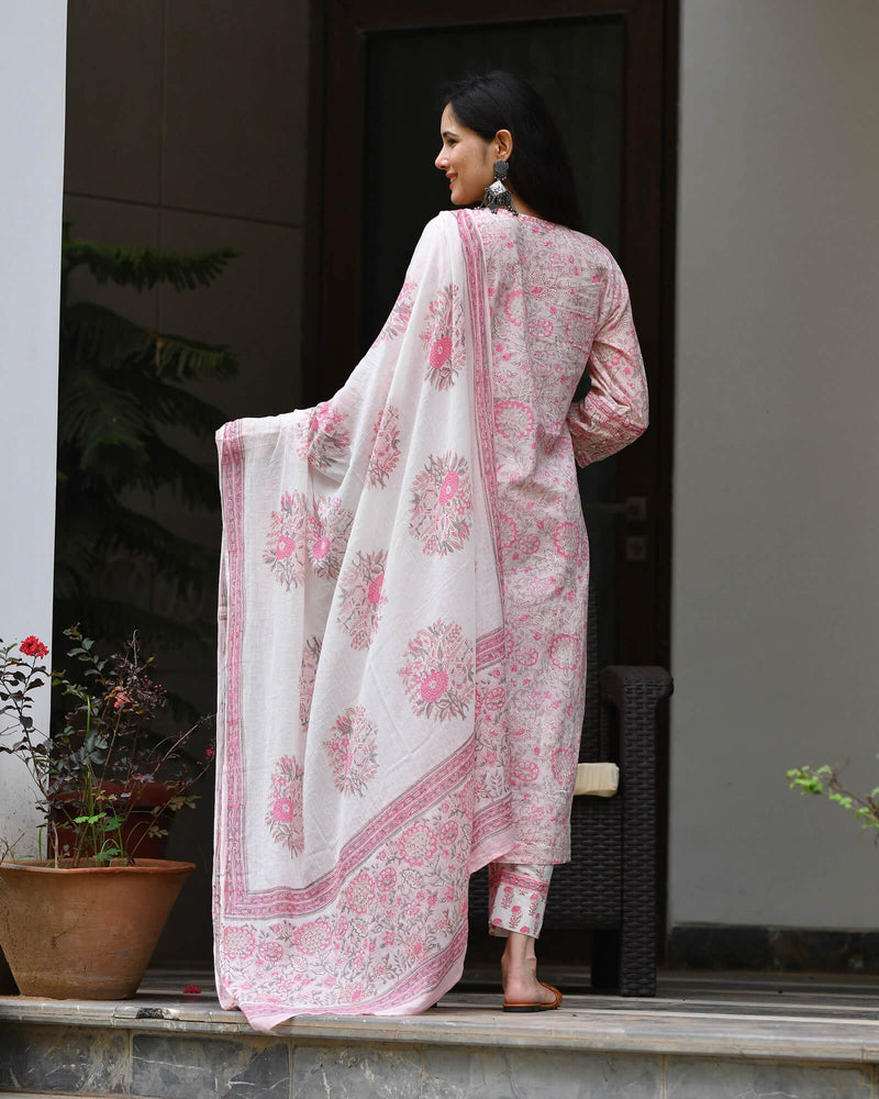 PINK HANDBLOCK SUIT SET WITH VOIL DUPATTA