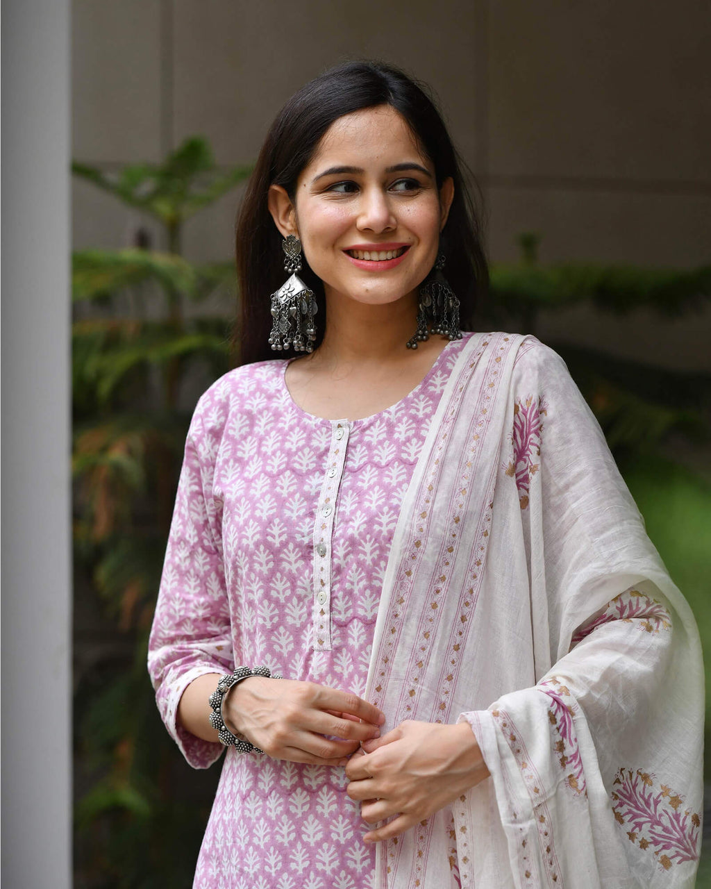 PURPLE HANDBLOCK SUIT SET WITH VOIL DUPATTA