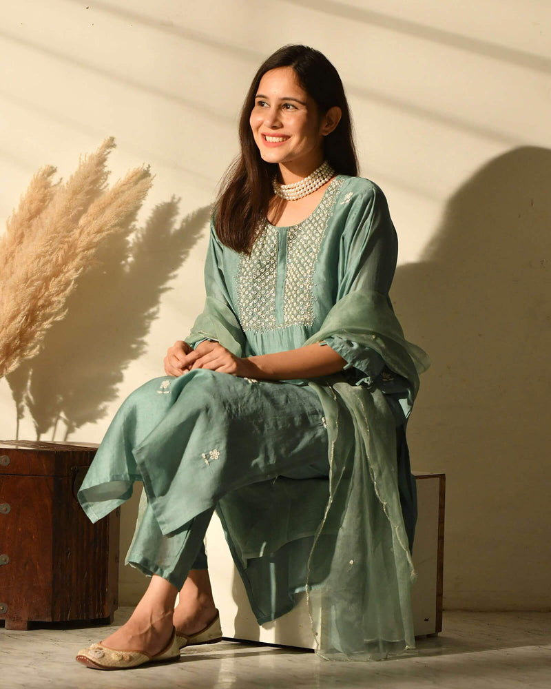 SEA GREEN MUSLIN SUIT SET WITH EMBROIDERY
