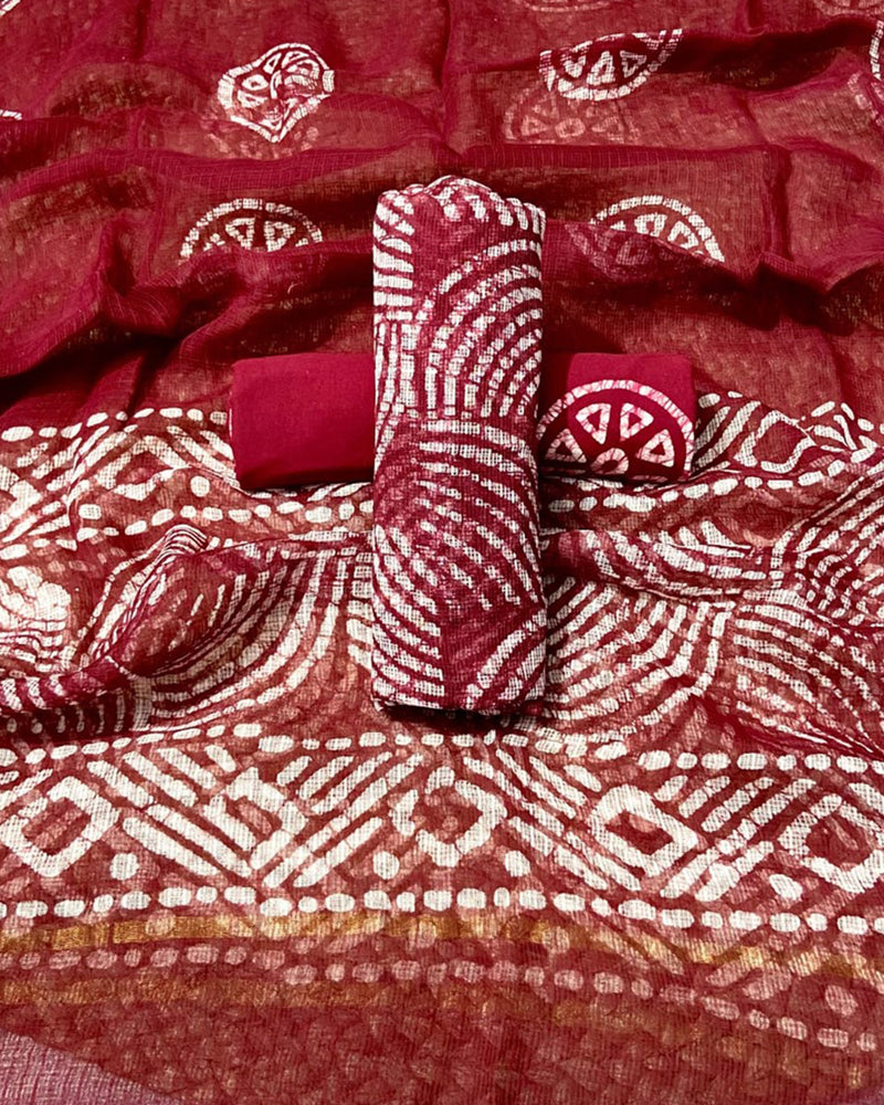 MAROON HANDBLOCK UNSTITCHED SUIT SET