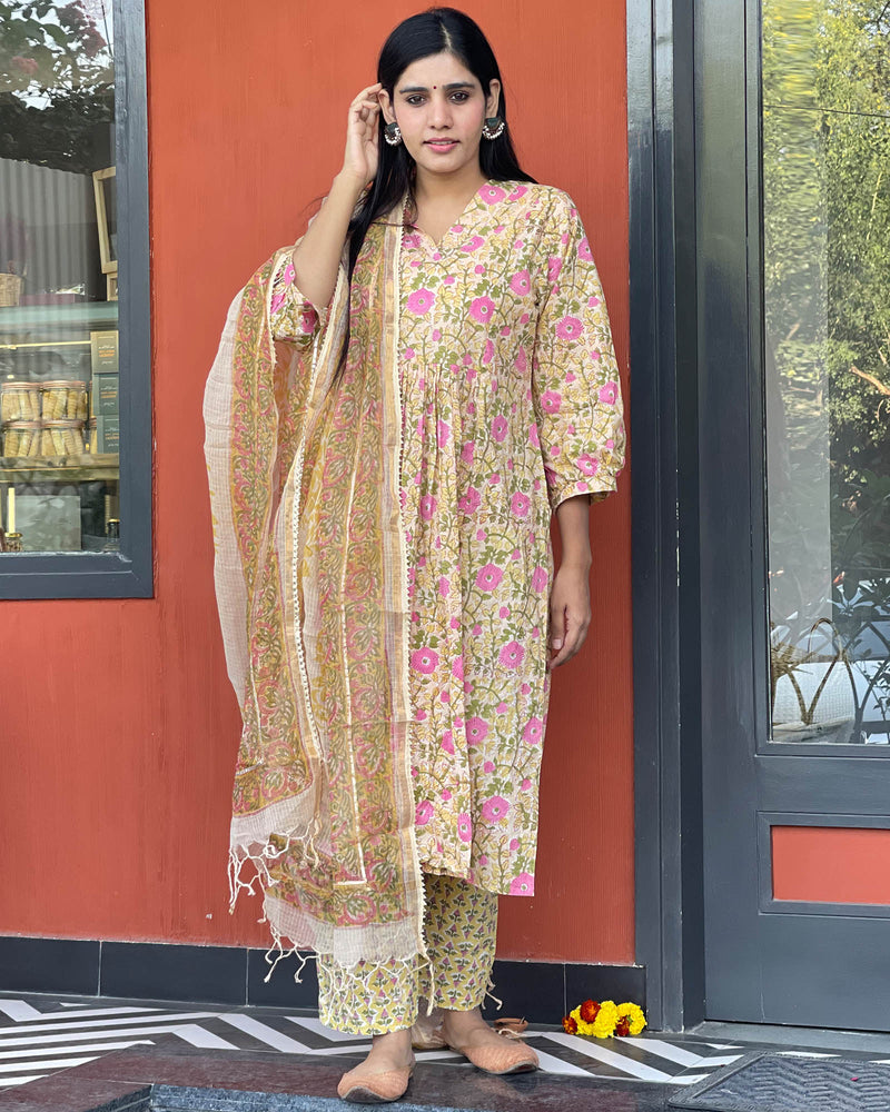 YELLOW HANDBLOCK SUIT SET WITH PINK BLOSSOMS