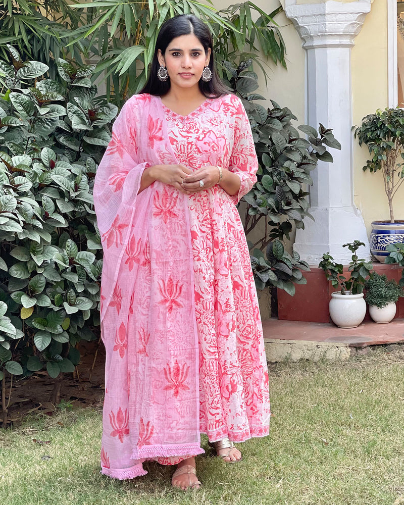 PINK FLORAL HANDBLOCK ANARKALI SUIT SET