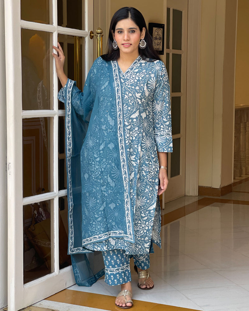 SMOKE BLUE COTTON HANDBLOCK SUIT SET