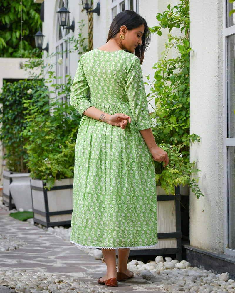 GRASS GREEN HANDBLOCK DRESS WITH LINING INSIDE