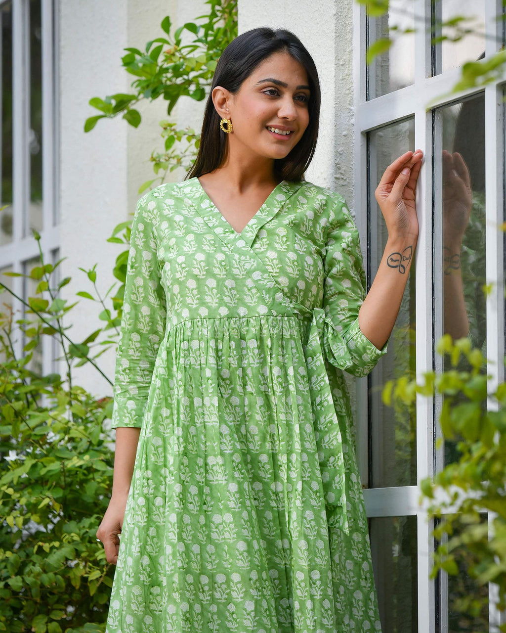 GRASS GREEN HANDBLOCK DRESS WITH LINING INSIDE