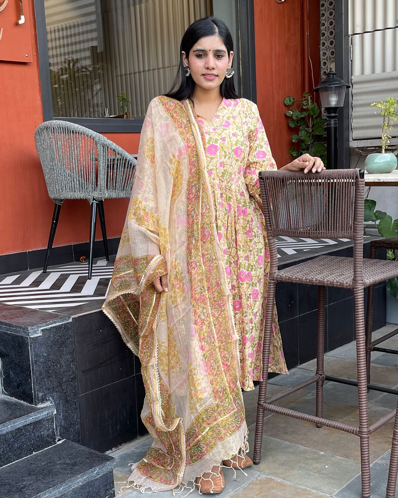 YELLOW HANDBLOCK SUIT SET WITH PINK BLOSSOMS