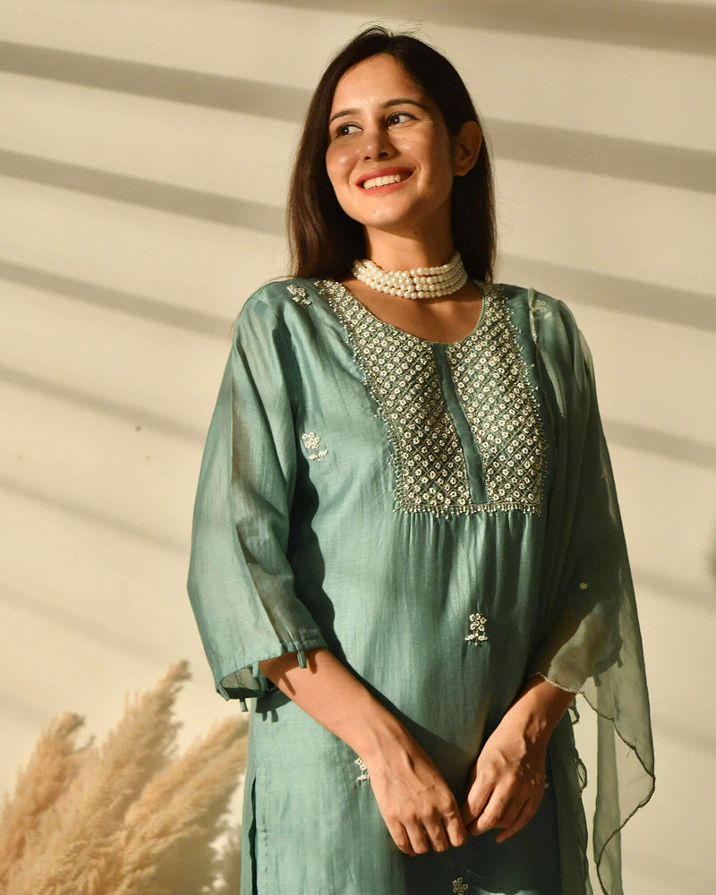 SEA GREEN MUSLIN SUIT SET WITH EMBROIDERY