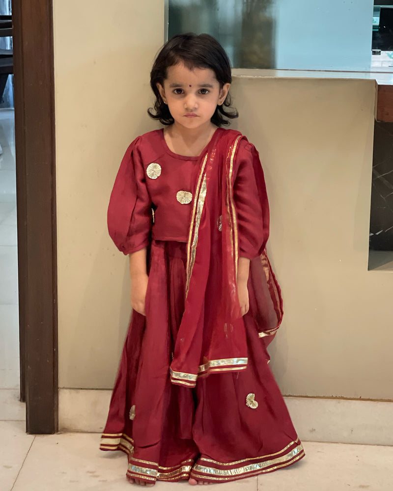 MAROON SHANTUNG LEHENGA WITH GOTA WORK
