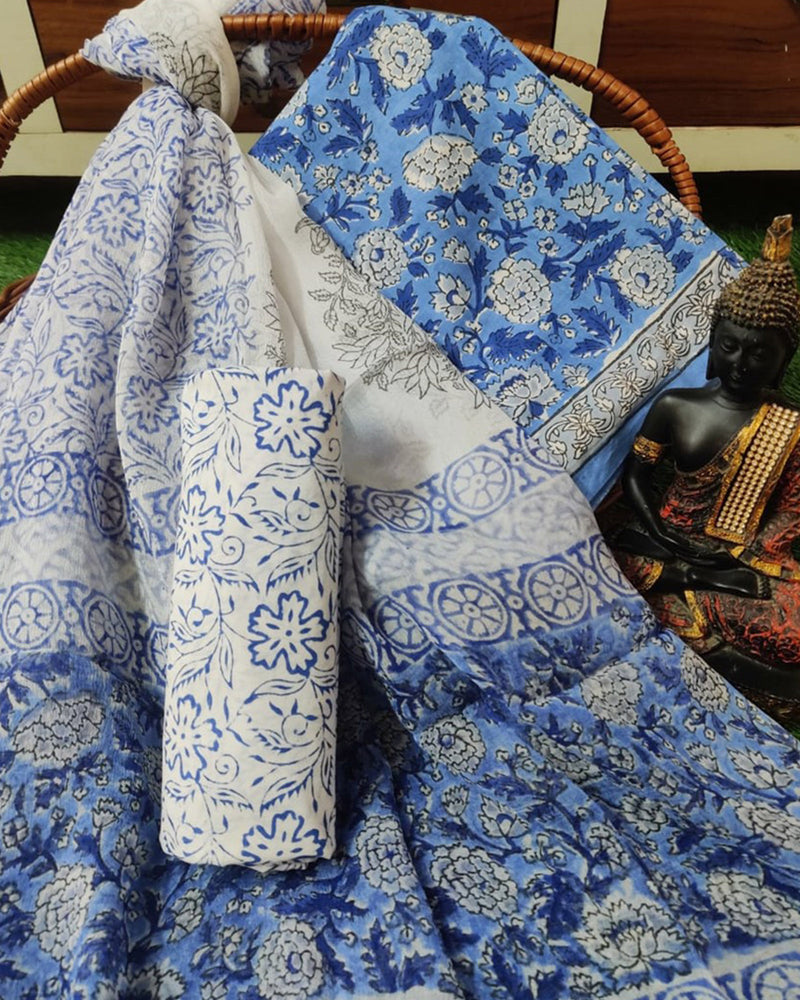 PASTEL BLUE HANDBLOCK UNSTITCHED SUIT SET
