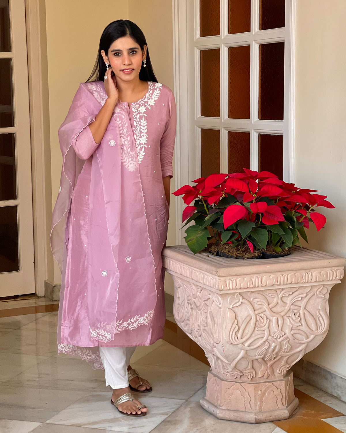 MAUVE MUSLIN SUIT SET WITH ORGANZA DUPATTA