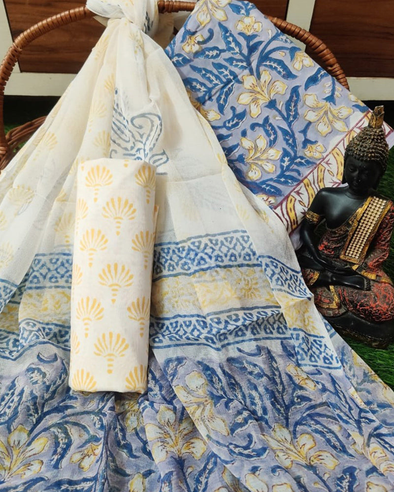 YELLOW & WHITE HANDBLOCK UNSTITCHED SUIT SET
