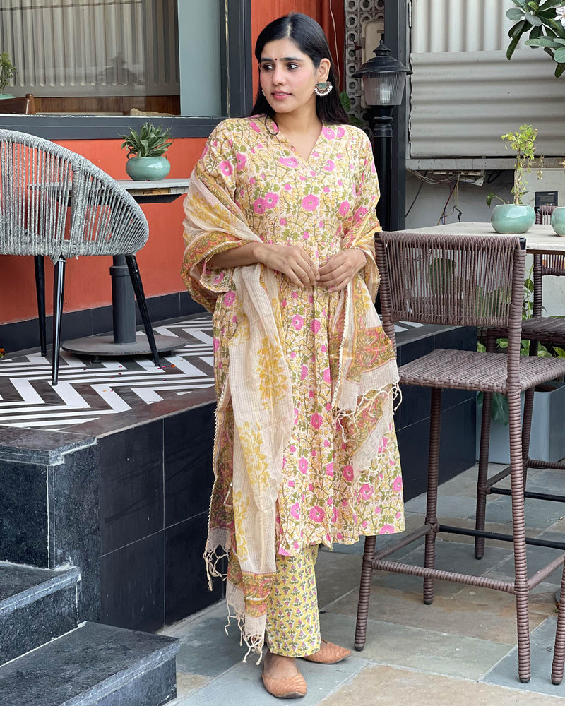 YELLOW HANDBLOCK SUIT SET WITH PINK BLOSSOMS