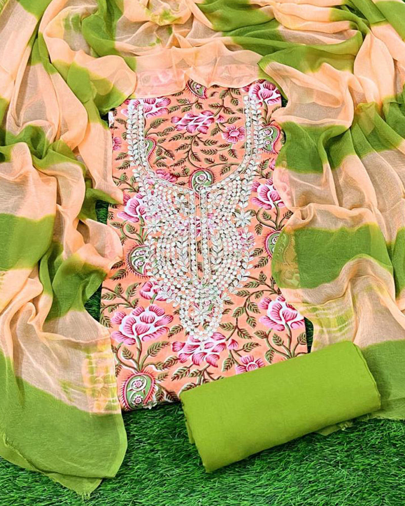 PEACH & GREEN HANDBLOCK UNSTITCHED SUIT SET