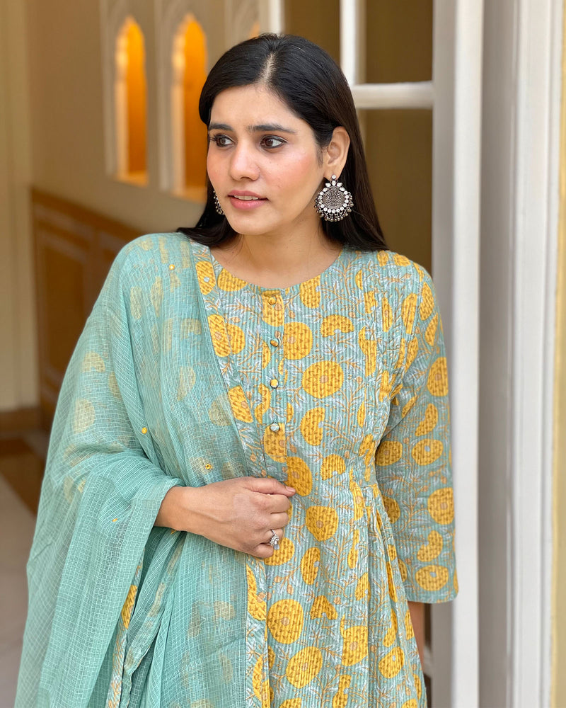 MINT & YELLOW HANDBLOCK COTTON SUIT SET