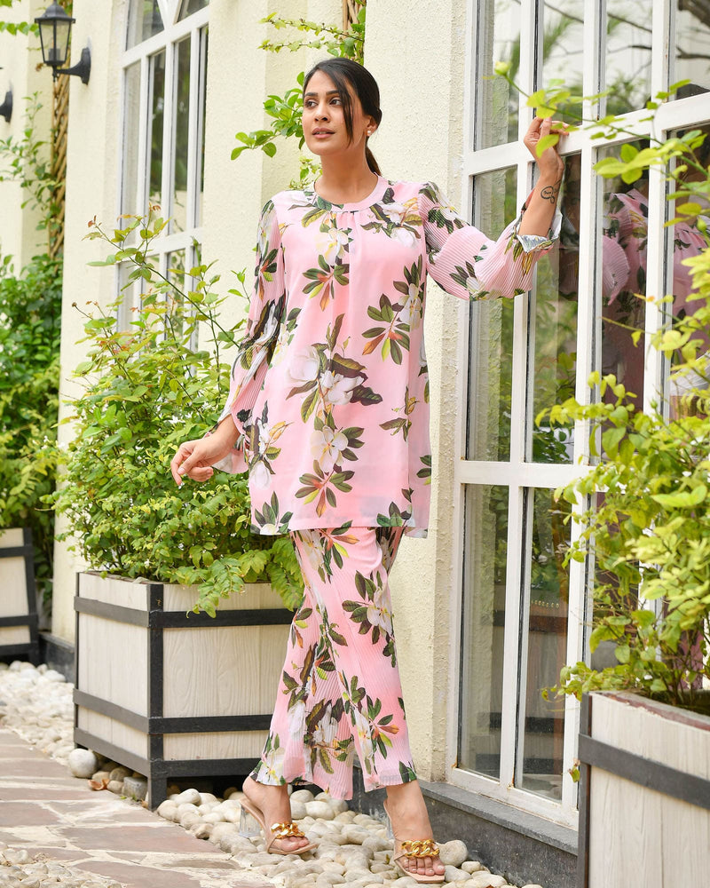PEACH PINK FLORAL GEORGETTE CO-ORD SET