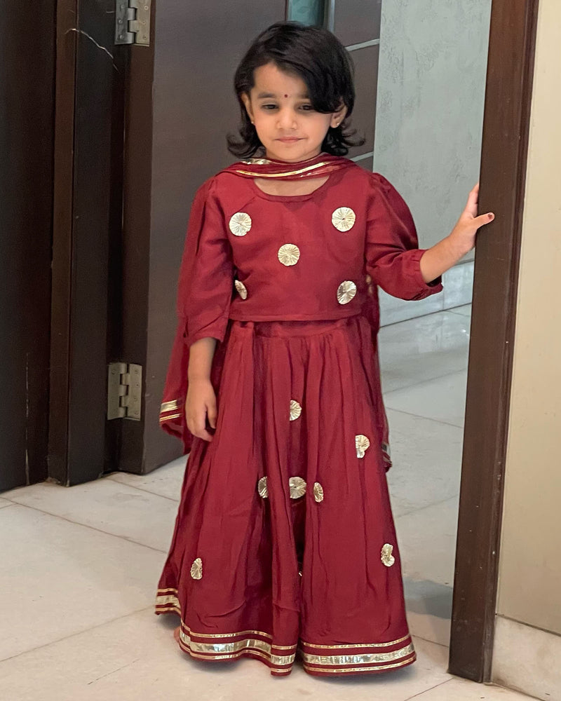 MAROON SHANTUNG LEHENGA WITH GOTA WORK