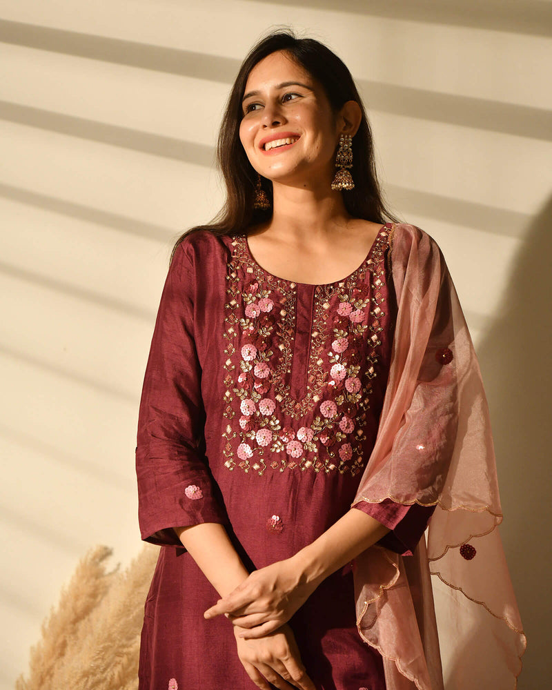 BURGUNDY MUSLIN SUIT SET WITH EMBROIDERY