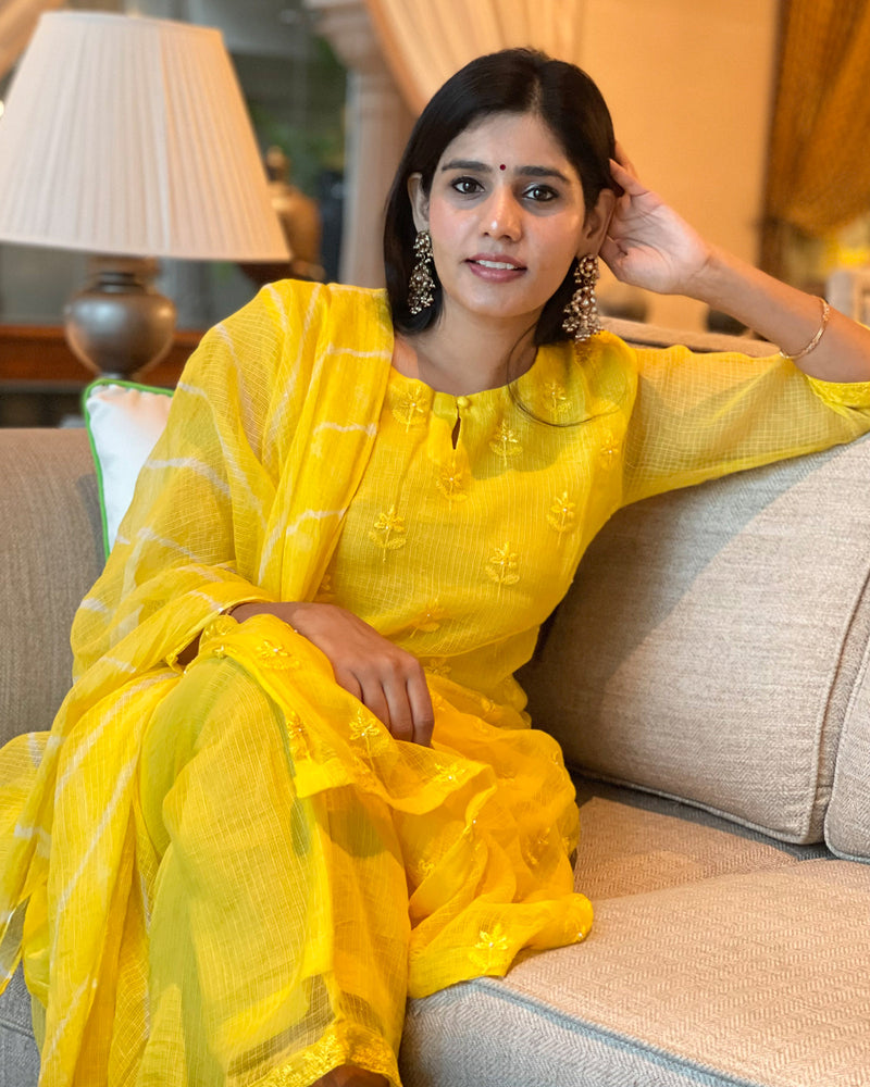 YELLOW KOTA DORIA SUIT SET WITH EMBROIDERY