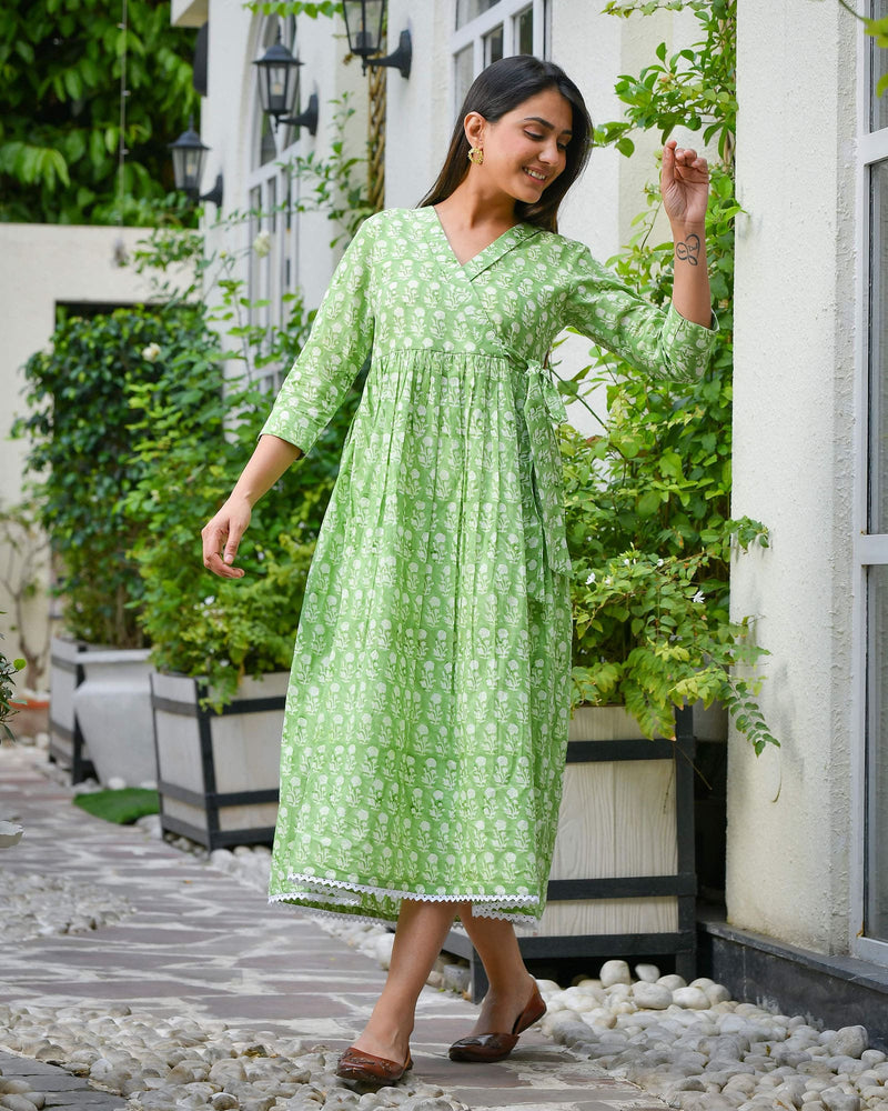 GRASS GREEN HANDBLOCK DRESS WITH LINING INSIDE