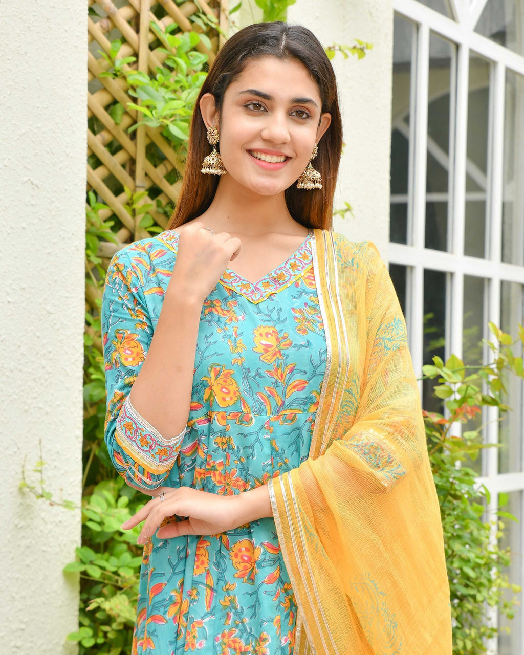 BLUE & YELLOW LEAF PRINT HANDBLOCK ANARKALI