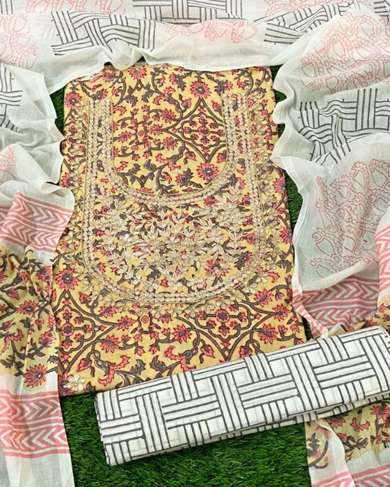 BEIGE FLORAL HANDBLOCK UNSTITCHED SUIT SET