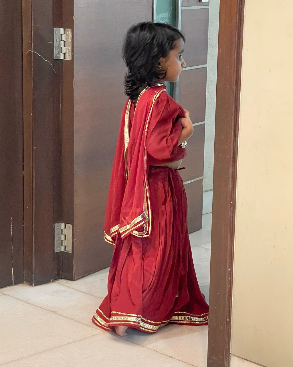 MAROON SHANTUNG LEHENGA WITH GOTA WORK