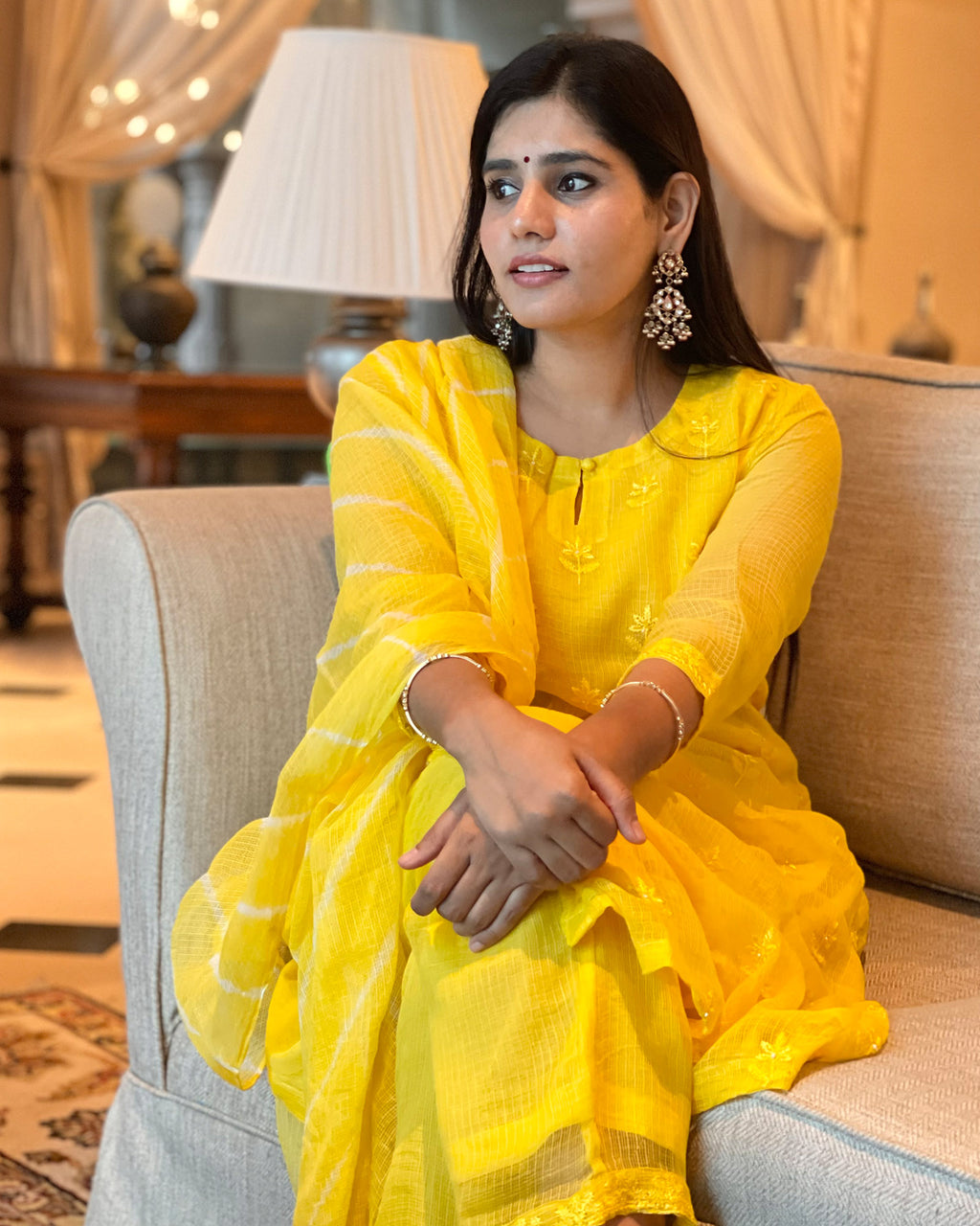 YELLOW KOTA DORIA SUIT SET WITH EMBROIDERY