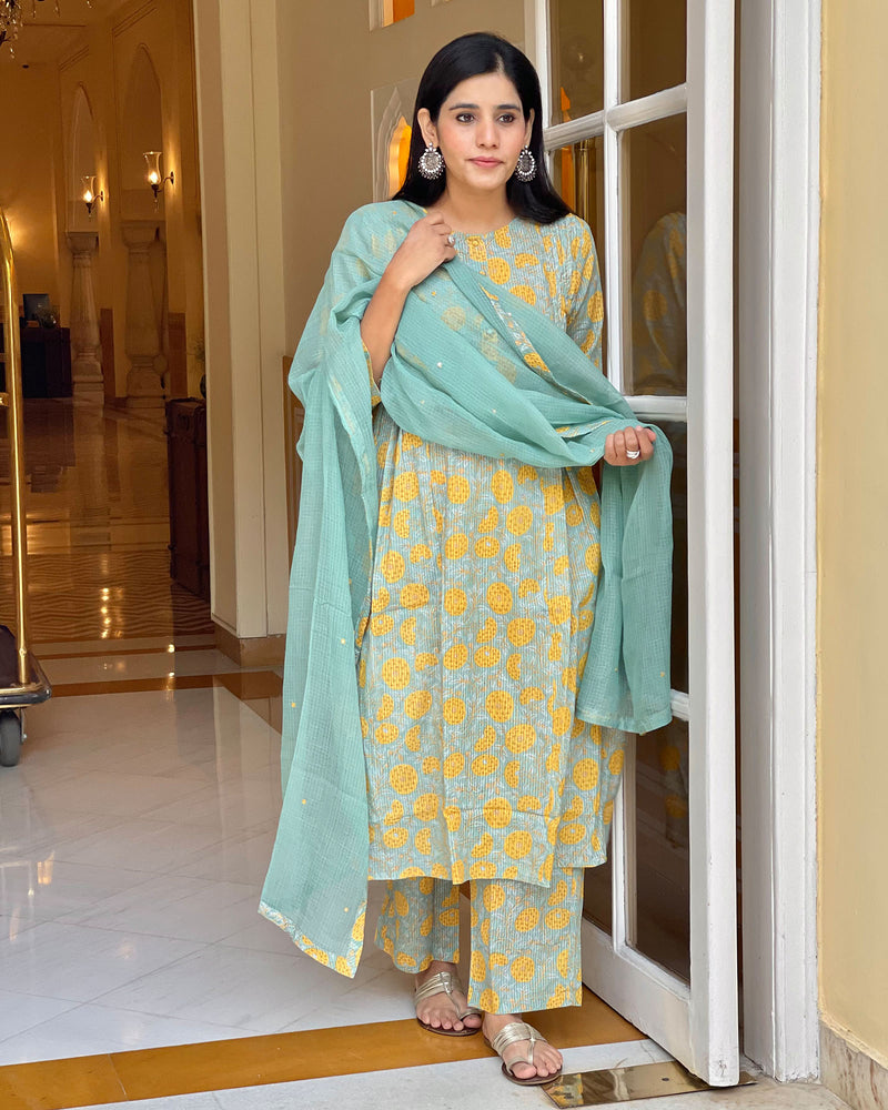 MINT & YELLOW HANDBLOCK COTTON SUIT SET