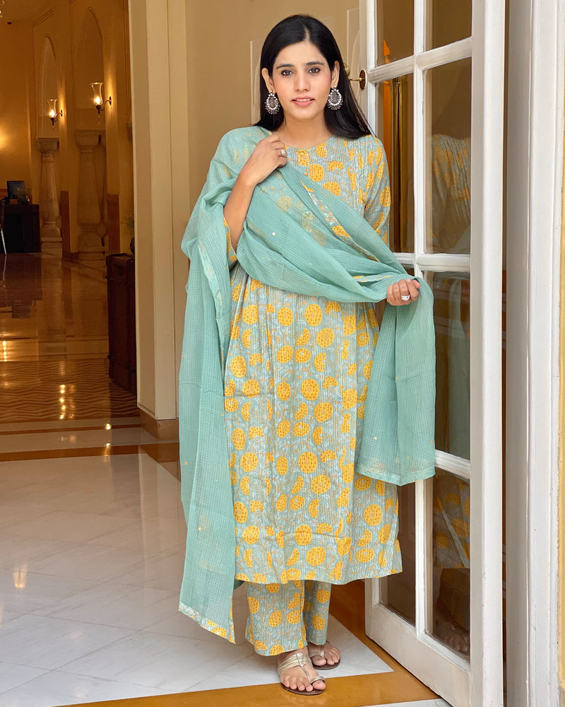 MINT & YELLOW HANDBLOCK COTTON SUIT SET