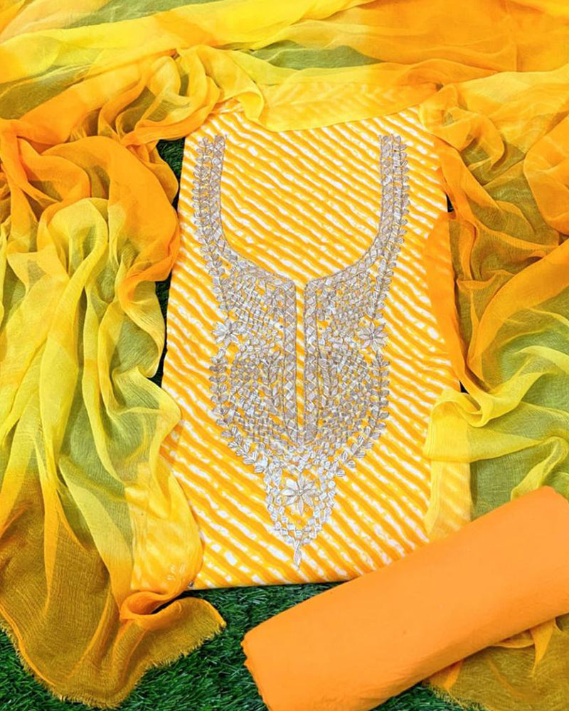 YELLOW BANDHEJ UNSTITCHED SUIT WITH GOTA