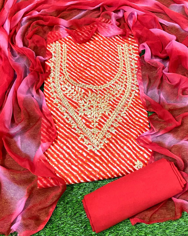 TOMATO RED LEHERIYA HANDBLOCK UNSTITCHED SUIT SET