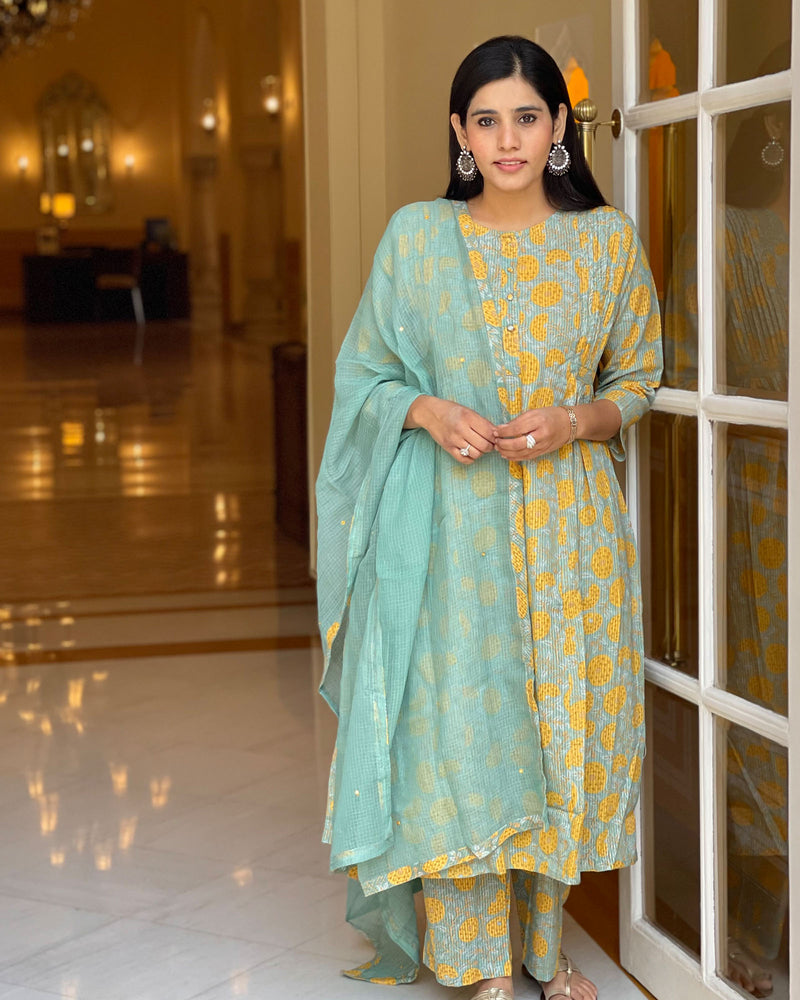 MINT & YELLOW HANDBLOCK COTTON SUIT SET
