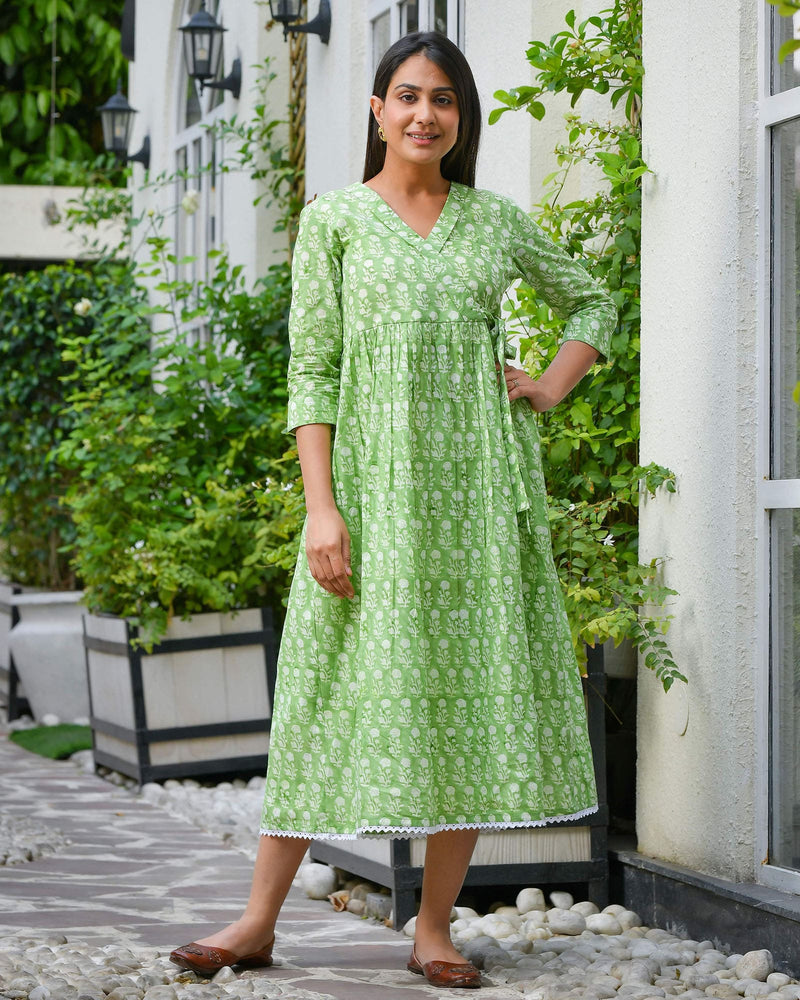 GRASS GREEN HANDBLOCK DRESS WITH LINING INSIDE