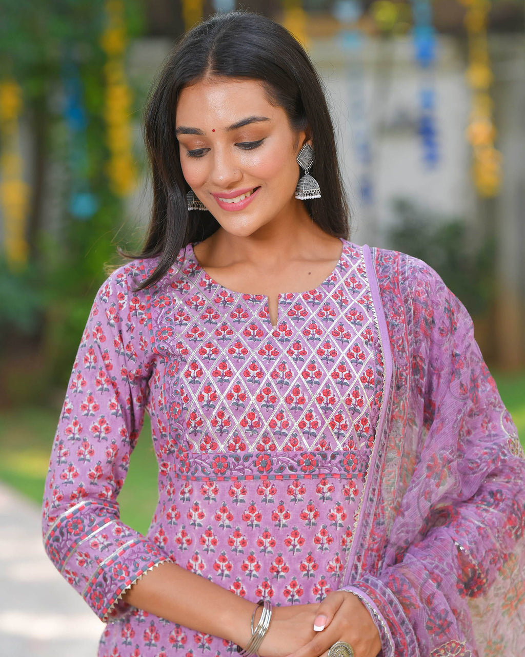 PURPLE PINK HANDBLOCK SUIT SET WITH GOTA WORK
