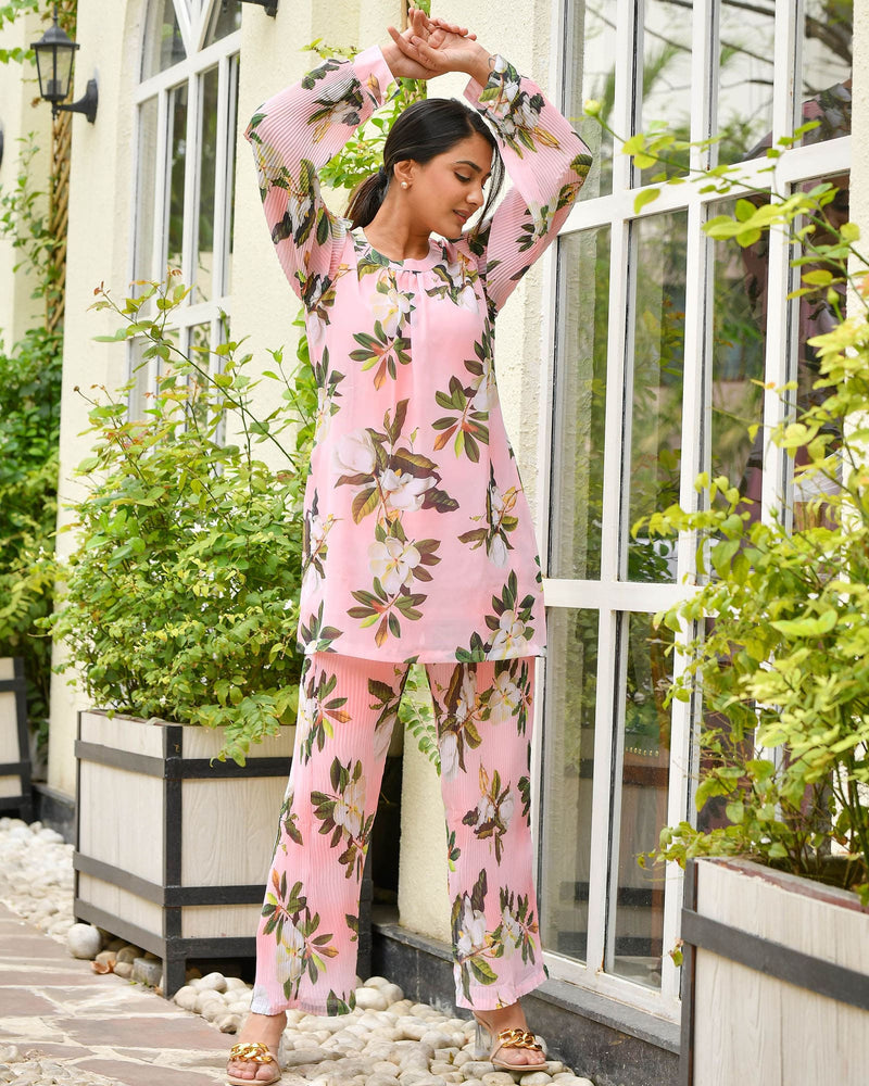 PEACH PINK FLORAL GEORGETTE CO-ORD SET