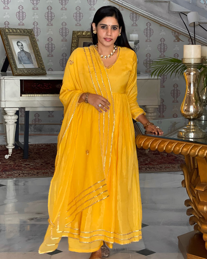 YELLOW SHANTUNG ANARKALI SET WITH GOTA WORK