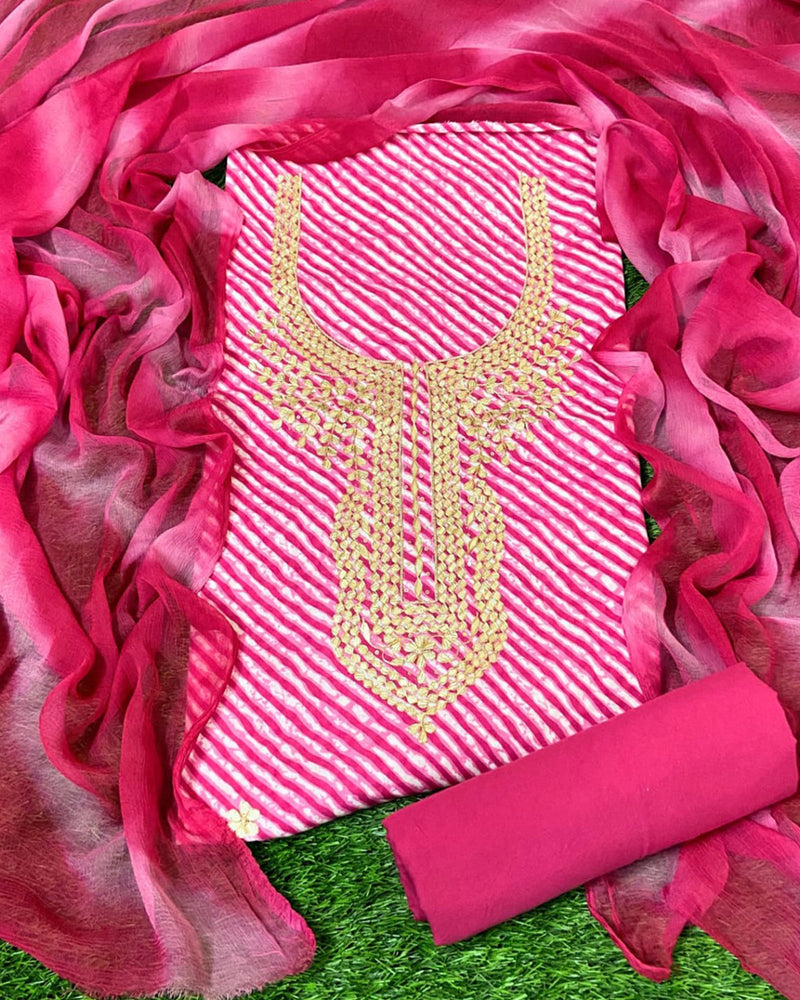 PINK LEHERIYA HANDBLOCK UNSTITCHED SUIT SET