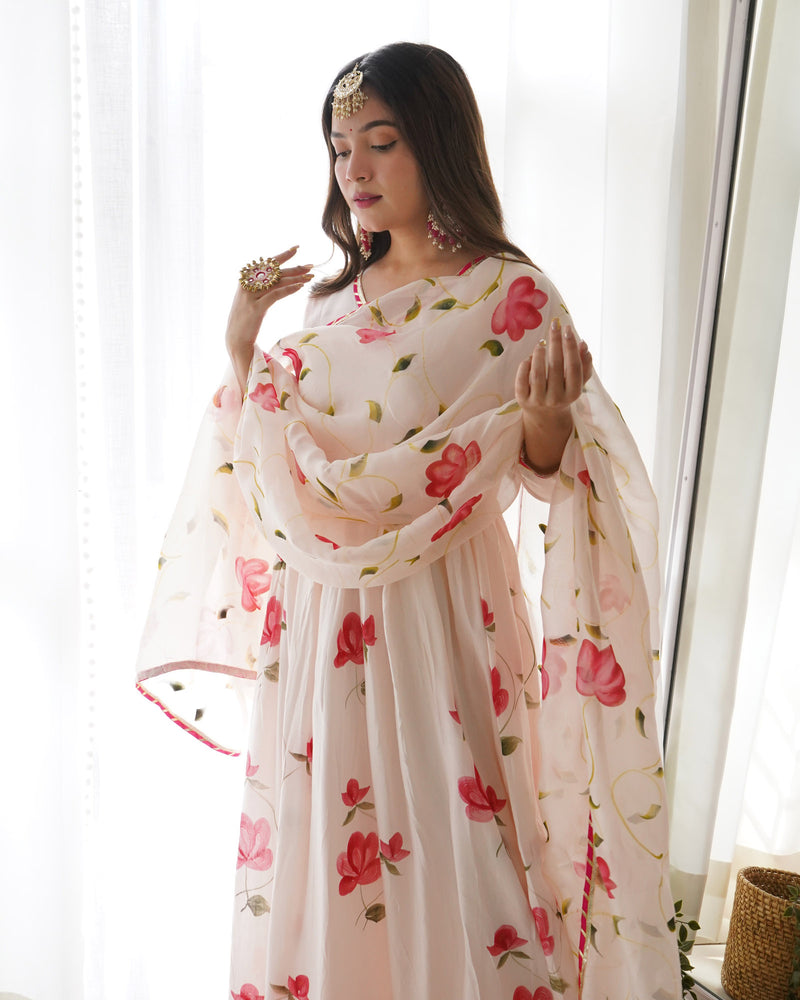 BLOOMING PINK HANDPAINTED SHANTUNG ANARKALI