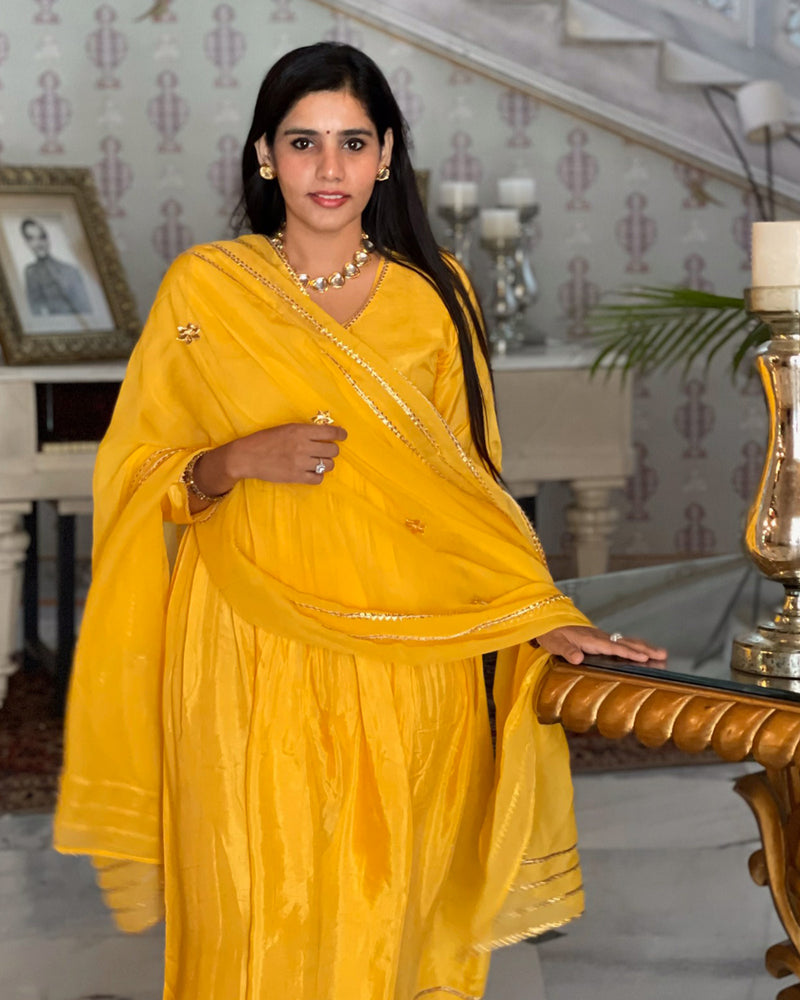 YELLOW SHANTUNG ANARKALI SET WITH GOTA WORK