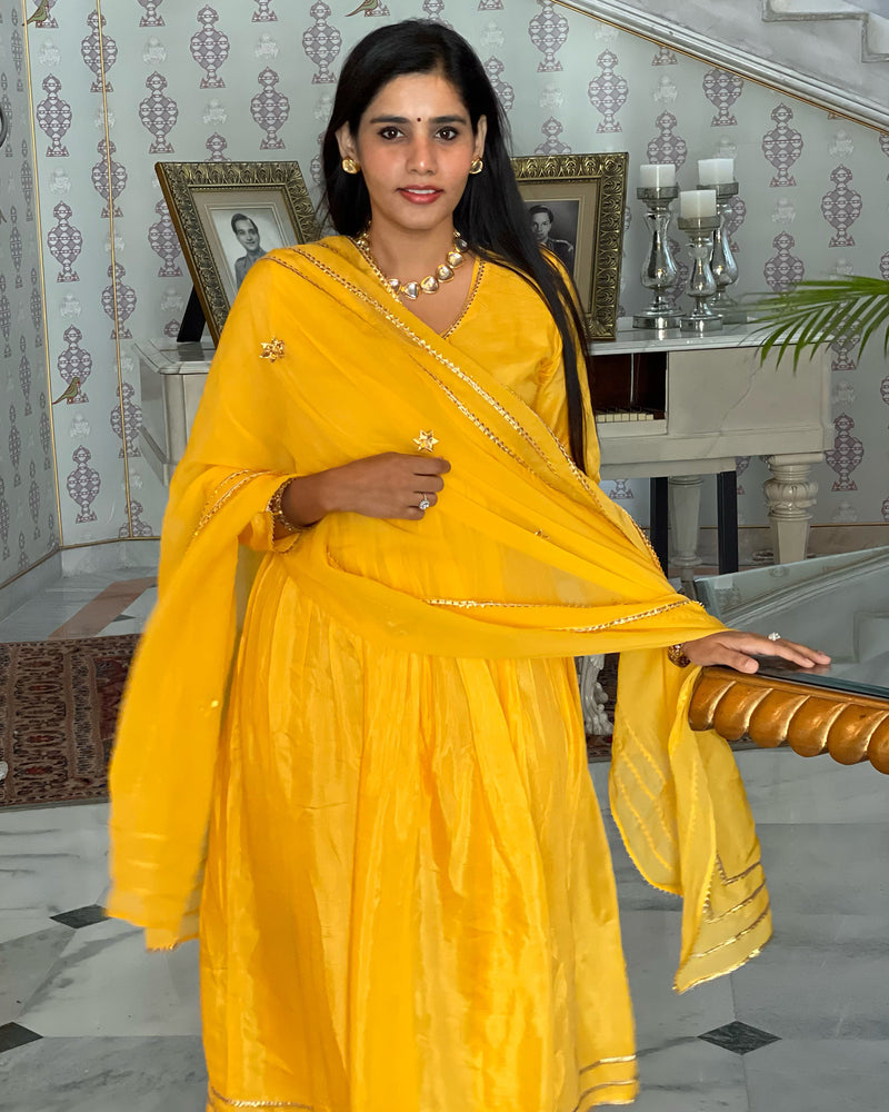 YELLOW SHANTUNG ANARKALI SET WITH GOTA WORK