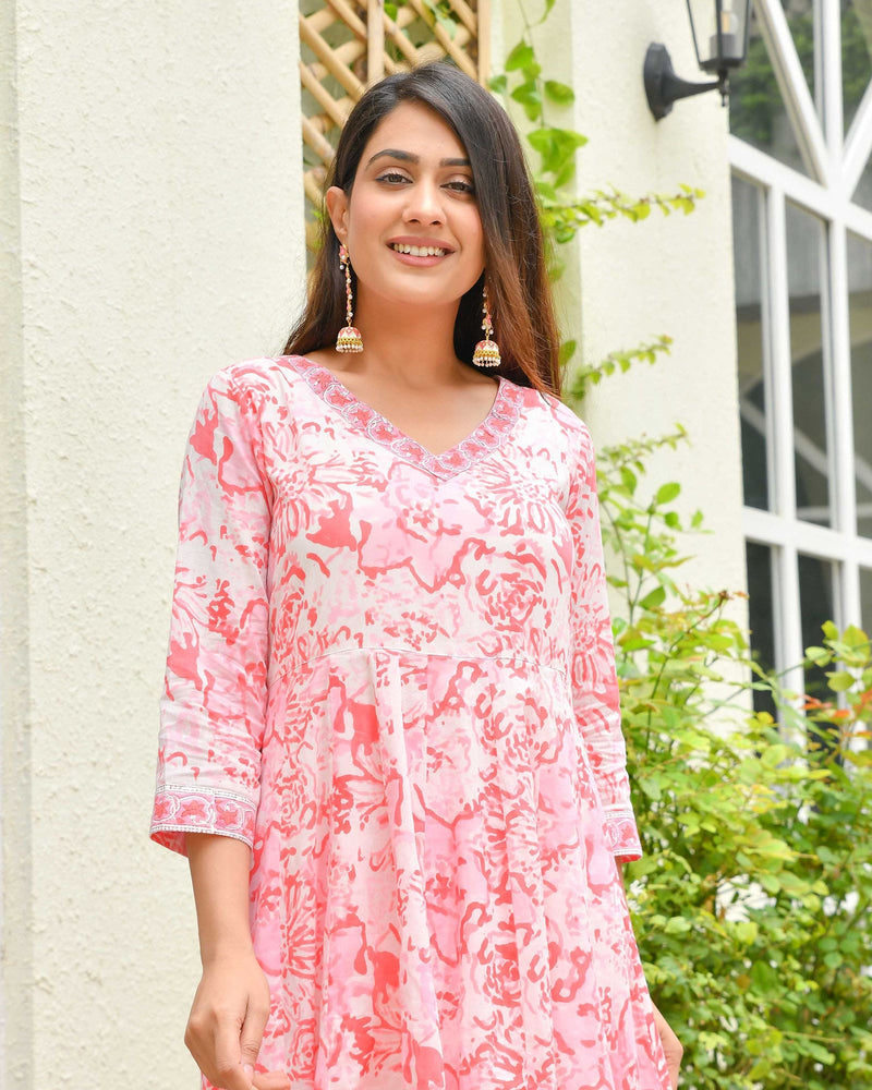 PINK FLORAL HANDBLOCK ANARKALI SUIT SET