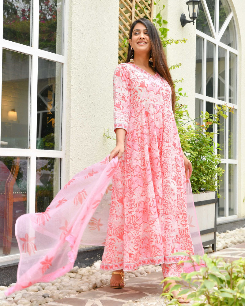 PINK FLORAL HANDBLOCK ANARKALI SUIT SET