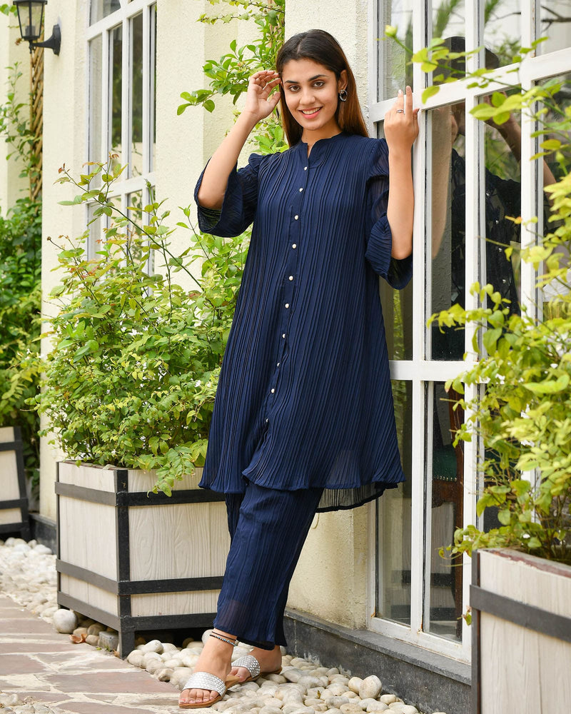 NAVY PLEATED GEORGETTE CO-ORD SET