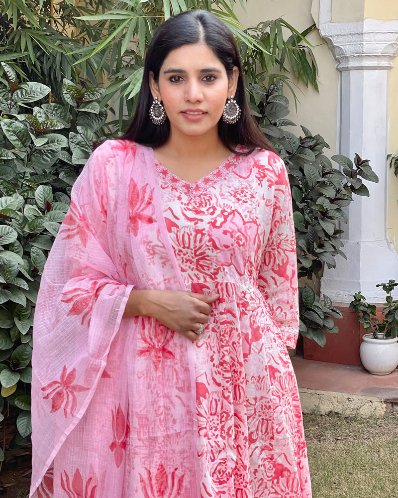 PINK FLORAL HANDBLOCK ANARKALI SUIT SET